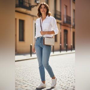 EUC -Michael Kors Cream and Brown Crossbody Camera Bag